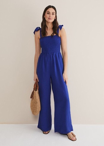 Phase Eight Ona Linen Shirred Wide Leg Jumpsuit Deep Blue Australia | GO1562703